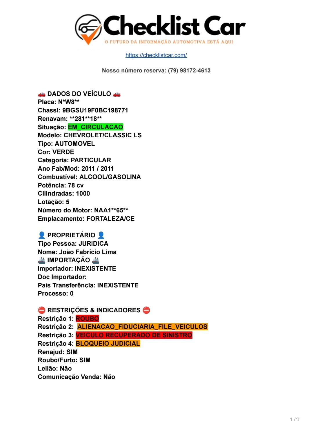 Exemplo real de relatório de consulta veicular — restrições de roubo, alienação fiduciária, sinistro e bloqueio judicial