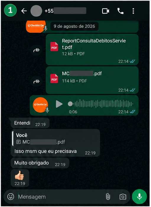 Cliente agradecendo pelo relatório de consulta enviado no WhatsApp