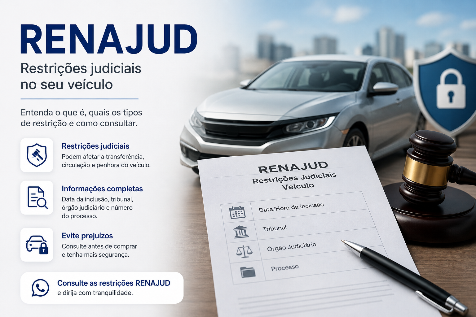 Carro, martelo de juiz e formulário com informações de restrições judiciais RENAJUD