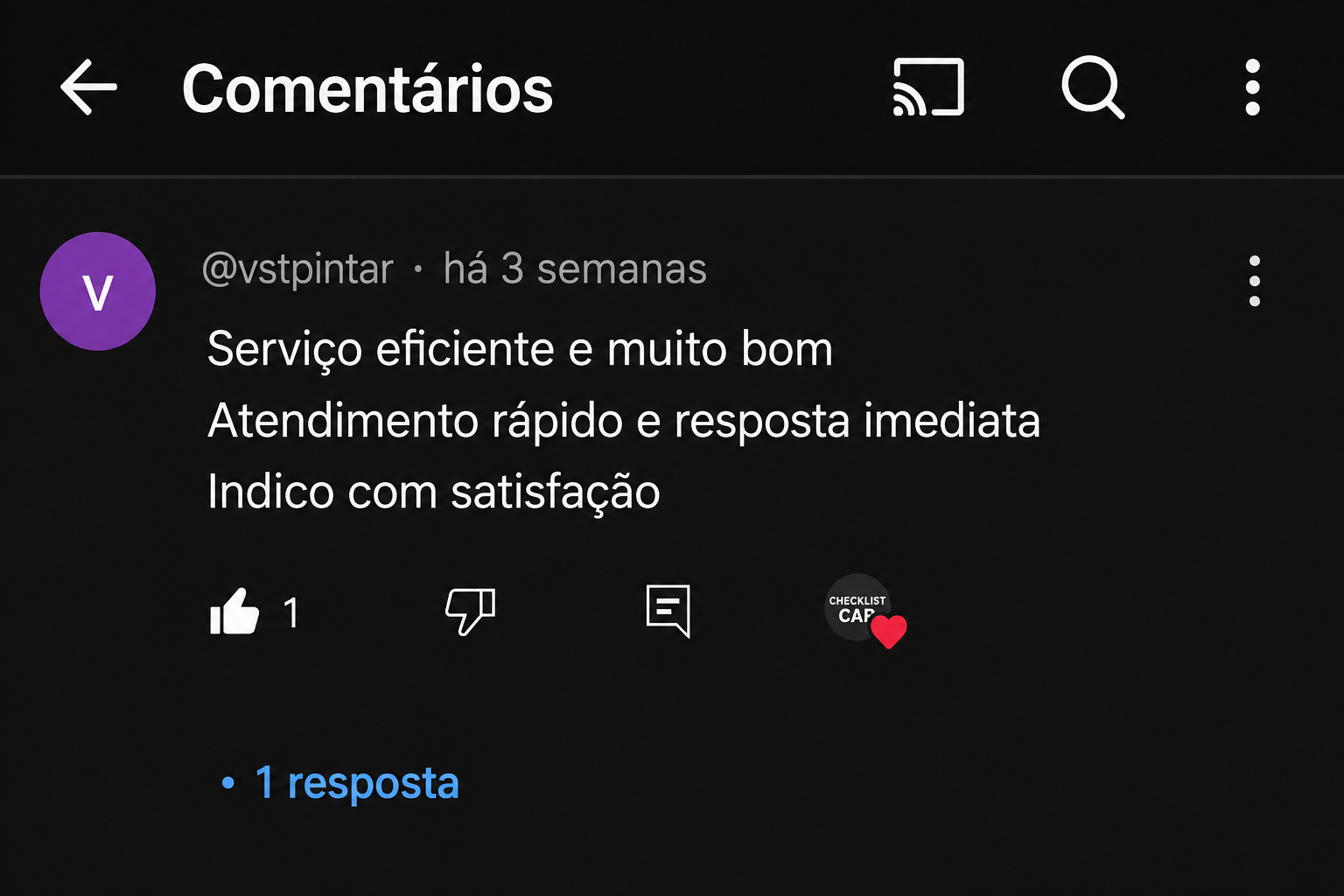 Comentário no YouTube elogiando o serviço e o atendimento rápido