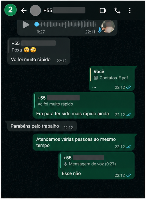 Cliente elogiando a rapidez do atendimento no WhatsApp