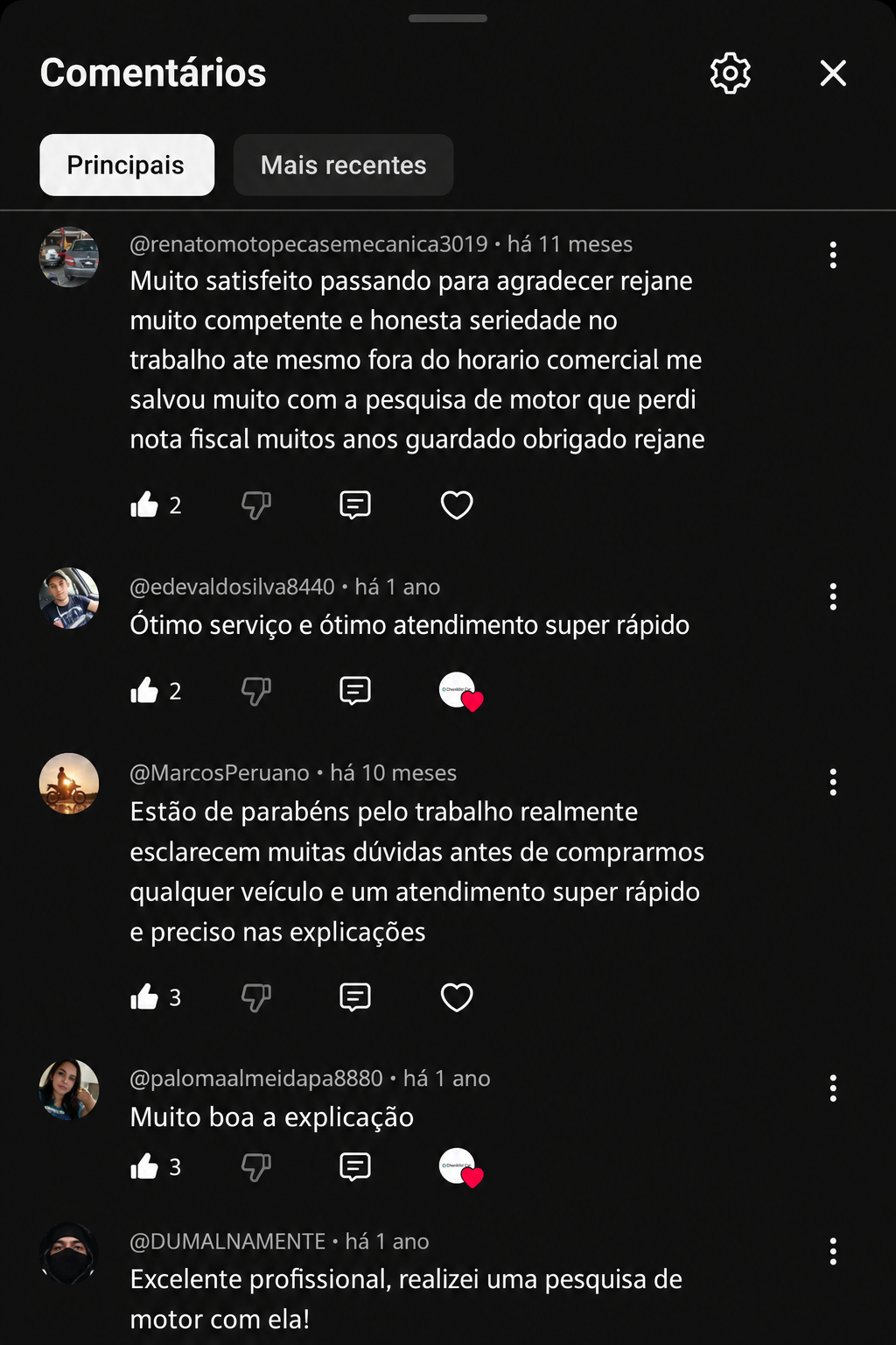 Comentários de clientes no canal do YouTube da Checklist Car