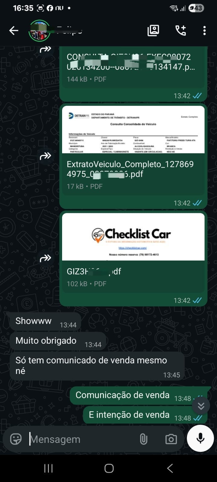 Conversa real com cliente 2 confirmando consulta de motor