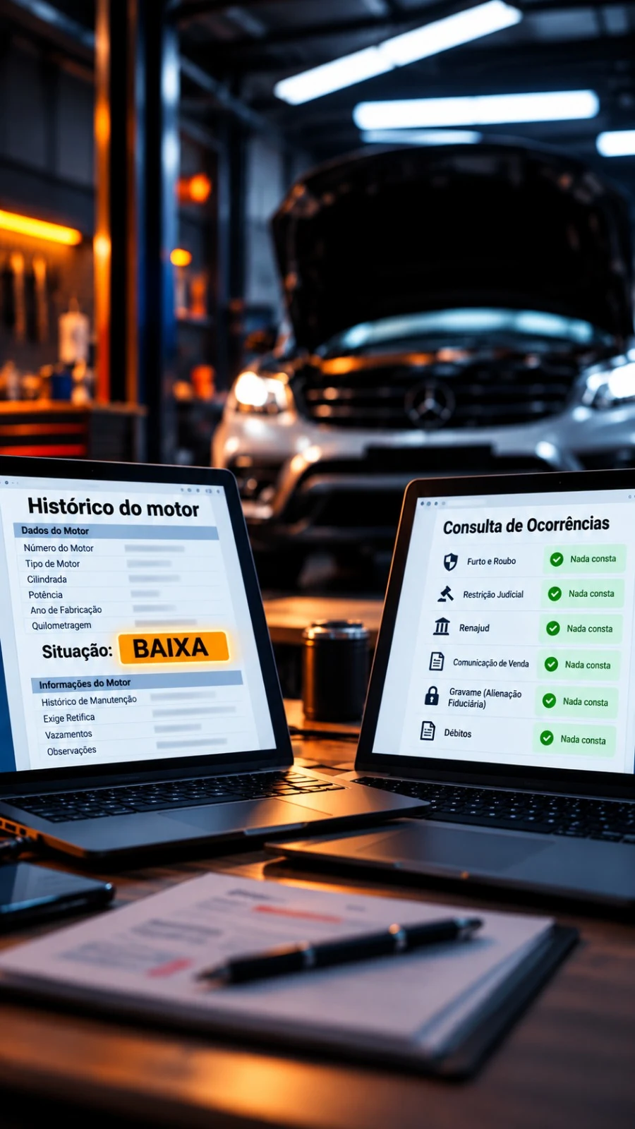 Notebooks em oficina exibindo o histórico do motor com a situação BAIXA em destaque